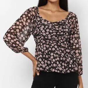 American Eagle Black Pink Floral Babydoll Blouse Size L
